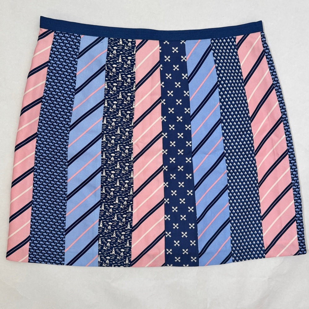Vineyard Vines Silk Skirt Tie Gal Patchwork Mini Blue Pink Striped Nautical SZ 6 - Picture 2 of 14